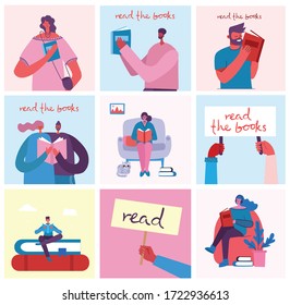 Vector concept illustrations of World Book Day, Reading the books and Book festival in the flat style. People sit, stand and walk and read a book