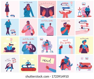 Vector Concept Illustrations Of World Book Day, Reading The Books And Book Festival In The Flat Style. People Sit, Stand And Walk And Read A Book