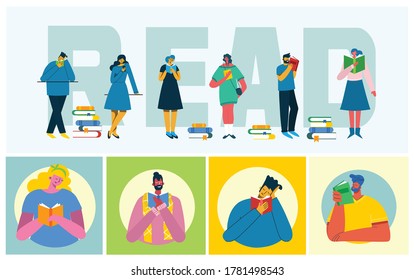 Vector concept illustrations of World Book Day, Reading the books and Book festival in the flat style. People sit, stand and walk and read a book in the flat style