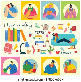 Ilustraciones de concepto de vectores del Día Mundial del Libro, lectura de libros y festival del libro en un estilo plano. La gente se sienta, se pone de pie y camina y lee un libro al estilo llano