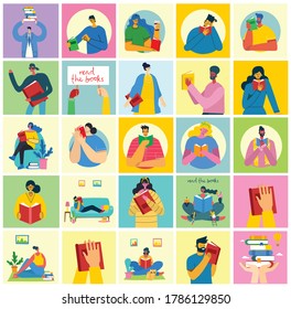 Vector concept illustrations of World Book Day, Reading the books and Book festival in the flat style. People sit, stand and walk and read a book in the flat style
