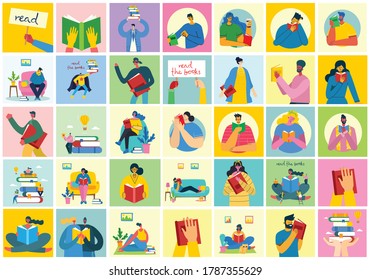 Vector concept illustrations of World Book Day, Reading the books and Book festival in the flat style. People sit, stand and walk and read a book in the flat style