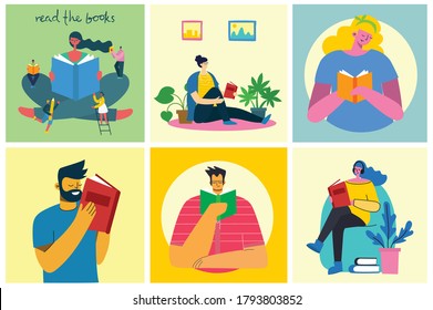 Vector concept illustrations of World Book Day, Reading the books and Book festival in the flat style. People sit, stand and walk and read a book in the flat style