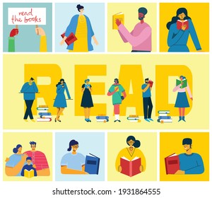 Vector concept illustrations of World Book Day, Reading the books and Book festival in the flat style. People sit, stand and walk and read a book
