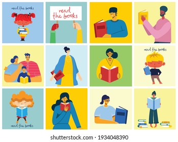 Vector concept illustrations of World Book Day, Reading the books and Book festival in the flat style. People sit, stand and walk and read a book