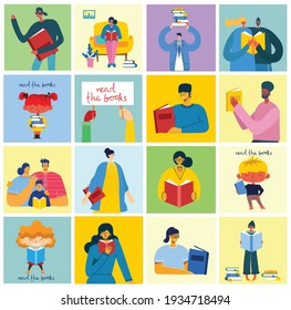 Vector concept illustrations of World Book Day, Reading the books and Book festival in the flat style. People sit, stand and walk and read a book