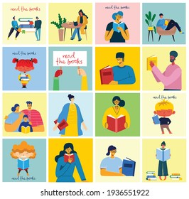Vector concept illustrations of World Book Day, Reading the books and Book festival in the flat style. People sit, stand and walk and read a book