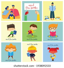Vector concept illustrations of World Book Day, Reading the books and Book festival in the flat style. People sit, stand and walk and read a book