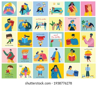 Vector concept illustrations of World Book Day, Reading the books and Book festival in the flat style. People sit, stand and walk and read a book