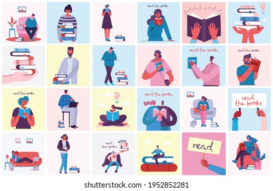 Vector concept illustrations of World Book Day, Reading the books and Book festival in the flat style. People sit, stand and walk and read a book