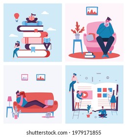 Vector concept illustrations of World Book Day, Reading the books and Book festival in the flat style. People sit, stand and walk and read a book