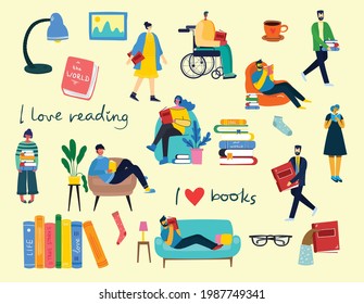 Vector concept illustrations of World Book Day, Reading the books and Book festival in the flat style. People sit, stand and walk and read a book