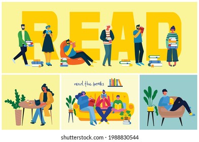 Vector concept illustrations of World Book Day, Reading the books and Book festival in the flat style. People sit, stand and walk and read a book