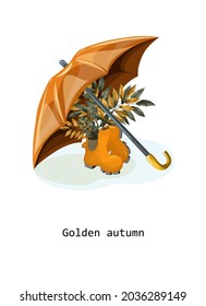 Vector concept image in cartoon style. Umbrella covering rubber boots with withered autumn foliage. EPS 10