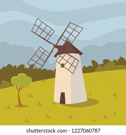 Vector concept image farming rural landscape. Vector illustration of a cartoon windmill standing on the outskirts of the village. The concept of clean living far from the metropolis