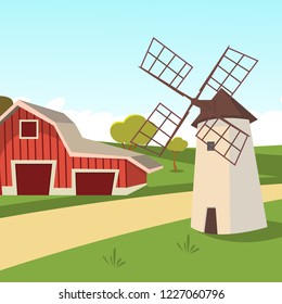 Vector concept image farming rural landscape. Vector illustration of a cartoon windmill standing on the outskirts of the village. The concept of clean living far from the metropolis