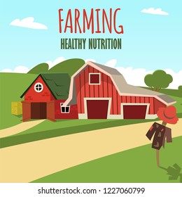 Vector concept image farming rural landscape. Vector illustration of a cartoon a wooden red farm with a hangar on the outskirts of a rural village. The concept of clean living far from the metropolis