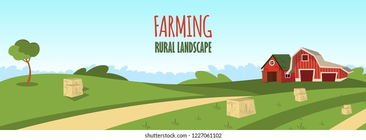 Vector Concept Image Farming Rural Landscape. Vector Illustration Of A Cartoon A Wooden Red Farm With A Hangar On The Outskirts Of A Rural Village. The Concept Of Clean Living Far From The Metropolis