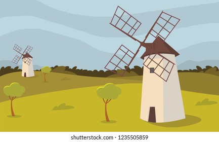 Vector concept image farming rural landscape. Vector illustration of a cartoon windmill standing in the middle of a wheat field of agriculture. The concept of clean living far from the metropolis