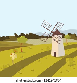 Vector concept image farming rural landscape. Vector illustration of a cartoon windmill standing in the middle of a wheat field of agriculture. The concept of clean living far from the metropolis