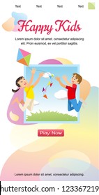 Vector Concept image Playing Happy Kids. Banner Vector Illustration of Cartoon Happy Playing Brother and Sister. Children Play with a Kite. Family vacation Concept in Park