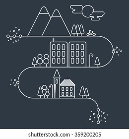 Vector concept and info graphic design elements in linear style, city illustration,buildings and nature reserve, abstract vector illustration in white colors, gray background