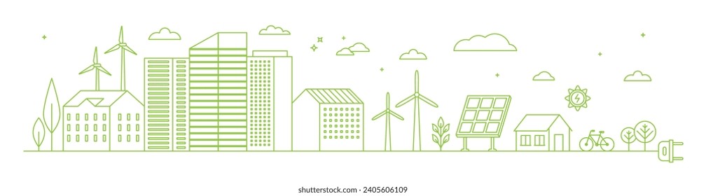 Vector concept and infographic design elements in trendy linear style - city illustration concept with alternative energy generators - nature conservation and protection with modern innovation 