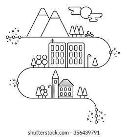 Vector concept and infographic design elements in linear style, city illustration,buildings  and nature reserve 