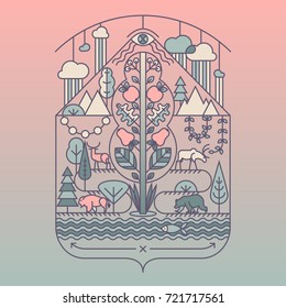 Vector concept and infographic design elements in linear style - animals in natural habitat, the preservation and protection of nature