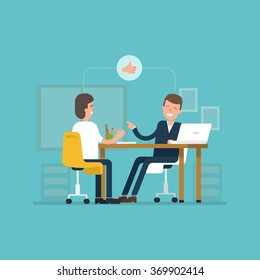 Vector concept interviews by the candidate in flat style. Jobseeker and employer sit at the table and talk. Good impression. Thumbs up! Simple concept with working situation, recruitment or hiring.