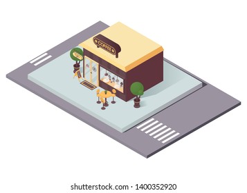Vector concept isometric scene with coffee shop or cafe store. City day scene with tables and chairs, showcase with cups, greenery and streetline.