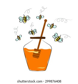 vector concept - jar with honey and flying bees. isolated on white