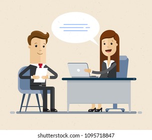 Vector concept of job interview women in flat style. Jobseeker and employer sit at the table and talk. Good impression. Simple concept with working situation, recruitment or hiring.