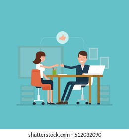 Vector concept of job interview women in flat style. Jobseeker and employer sit at the table and talk. Good impression. Thumbs up! Simple concept with working situation, recruitment or hiring.