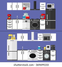 Vector concept of kitchen and kitchen's appliances in trendy flat style.