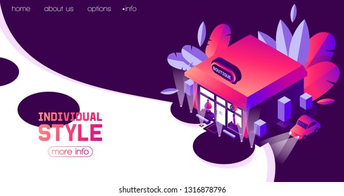 Vector concept landing page or banner for boutique or woman wardrobe shop or store. Isometric scene with night frontstore, greenery and mannequins in showcase. Vivid gradients in blue and pink