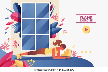 Vector concept landing page good for web sites of gym and home workout. Girl doing plank exercise in front of window