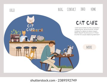 Vector concept landing page horizontal banner cat cafe - small business graphic - customer and barista. Modern flat vector. 
Concept illustration - guy working on laptop in cat cafe.