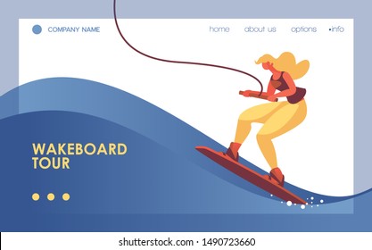 Vector concept landing page template with woman on wakeboard, decorated with blue wave. Dynamic banner good for web site sport and sea activities and ocean recreation