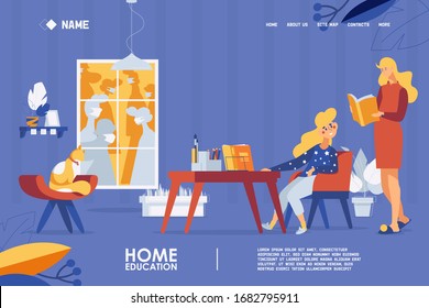 Vector concept landing page template with home education because of coronavirus. Woman teaching daughter in house interior