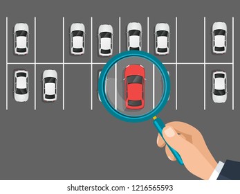 Vector concept layout. Flat design illustration of a hand looking for a different car in parking lot