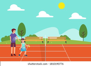 Vector concept: Little girl playing tennis with her father at the outdoor court
