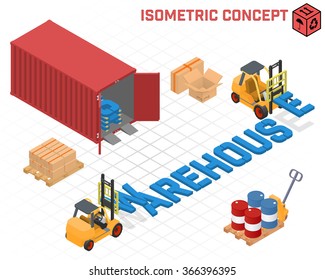 Vector concept - loaders build the word "warehouse". Inside the container are the letters. Nearby are cardboard boxes and pallet truck