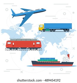 Vector concept of logistics or freight transportation in the world. Aircraft, truck, cargo ship and railway transport on blue world map with line elements in flat style