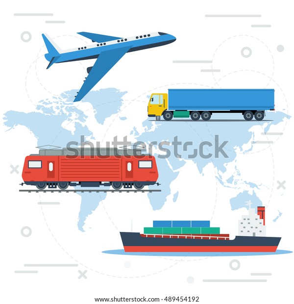 Vector concept of\
logistics or freight transportation in the world. Aircraft, truck,\
cargo ship and railway transport on blue world map with line\
elements in flat style
