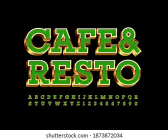 Logo del concepto de vectores Cafe y Resto. Fuente 3D Verde y Gold. Juego de letras y números de alfabeto de lujo