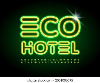 Logo del concepto de vectores Eco Hotel. Conjunto de letras y números de alfabeto tecno neón. Fuente luminosa brillante