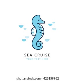 Vector concept of logo with seahorse in a linear style. Logo template. Also suitable for emblem of sea cruise, travel company, marine or tourism, diving, dolphinarium, oceanarium.