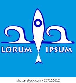 Vector concept logo of silhouette fish and waves in blue and white colors