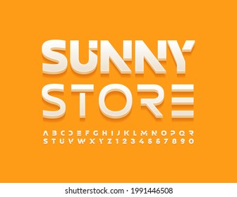 Vector concept logo Sunny Store. Cosmic Alphabet Letters and Numbers set. White techno Font